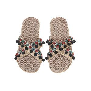 Woven Comfort Pom Pom Open-Toe Slipper Non-Slip